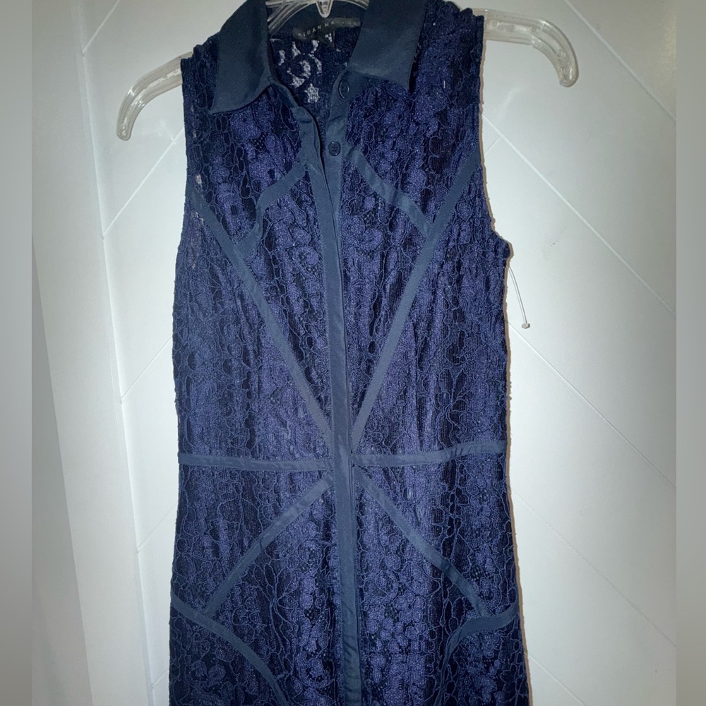 Aidan Mattox sz 4 twilight blue floor length lace gown dress buttons collar $700 - Picture 9 of 16
